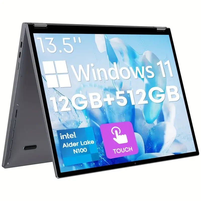2-in-1 Touch Screen Laptop 13.5'', 512GB NVMe SSD 12GB LPDDR5, Intel 12th Gen N100, 1TB SSD Expand, FHD 2256 * 1504 IPS, Backlit Keyboard, WiFi 6, Windows 11, 360 Rotating Screen