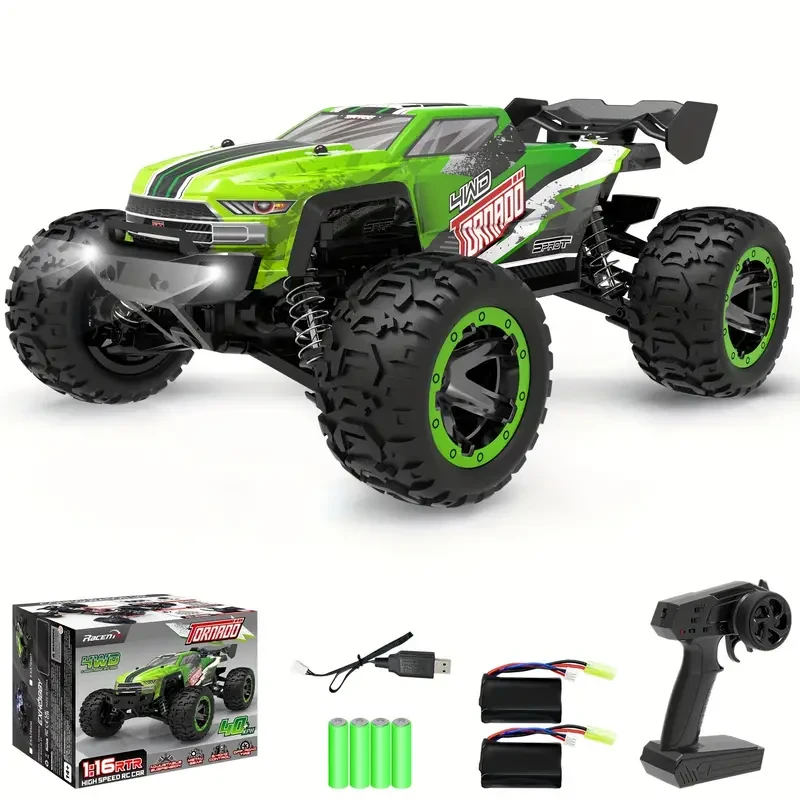 RACENT 1:16 All Terrain RC Truck Tornado - 40KPH High Speed 4WD Remote Control Cars for Boys, 2.4Ghz 4x4 Off-Road Electric Toy with 2 Rechargeable Batteries, Gifts for Kids Adults
