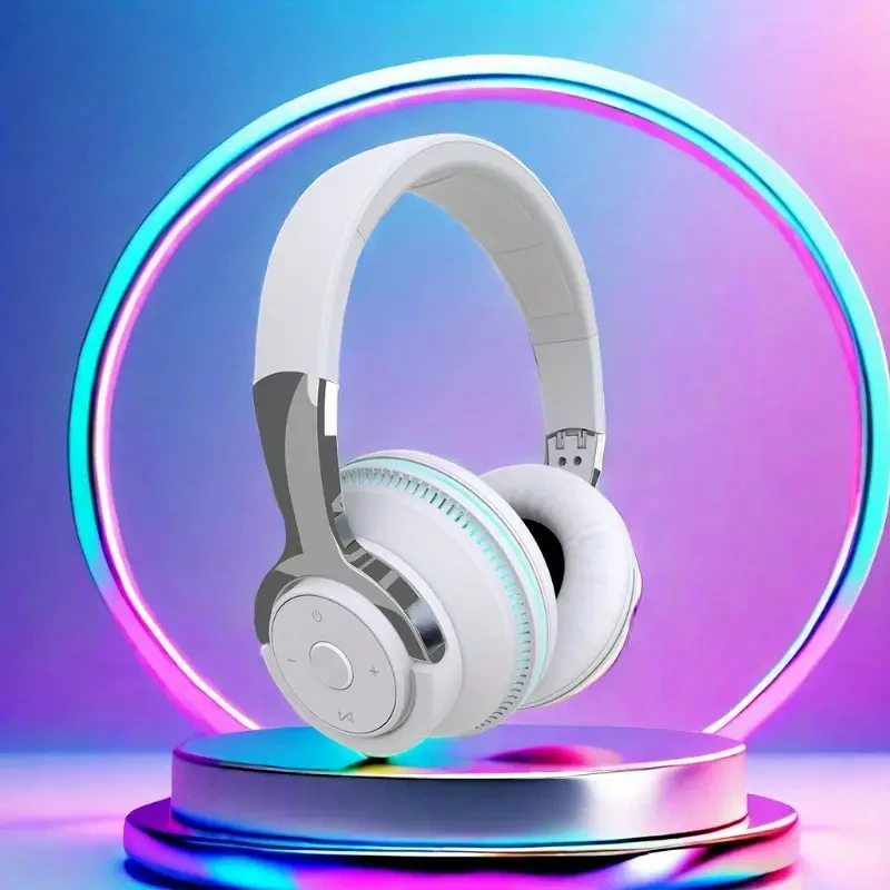 Wireless foldable earphones, microphones 7 color LED lights flashing glow on ear stereo earphones compatible with smartphones PC tablets