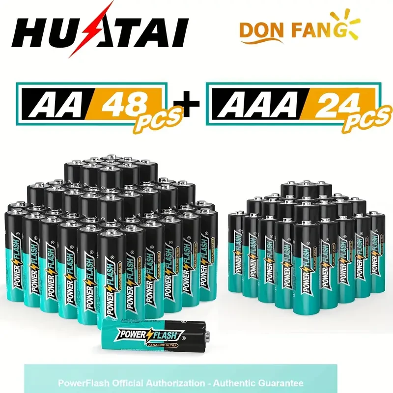 PowerFlash Alkaline Long-Lasting Batteries, Combo Pack, Set of 24 pcs AAA and 48 pcs AA Batteries for Home, Various Household Device, Work