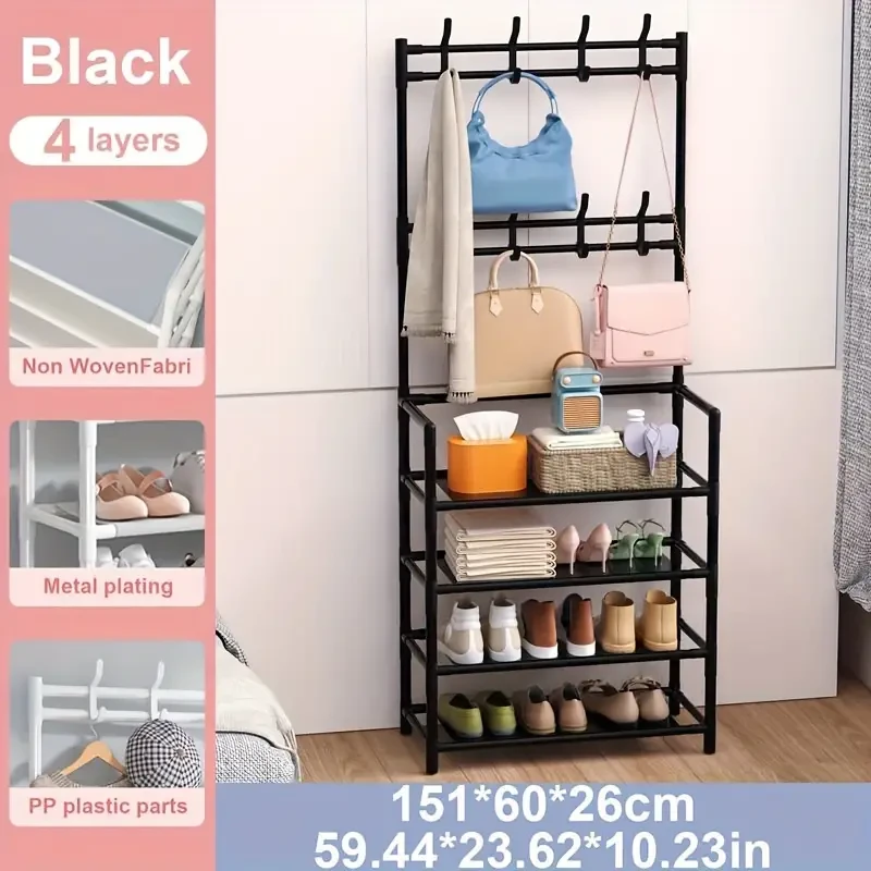 1pc 4/5 Layer 23in Carbon Steel Coat Rack, Multipurpose Coat Hanger And Shoe Shelf, Black/white, Self Assembly Required