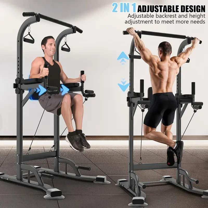 Power Tower Station - Adjustable Pull Up & Dip Station for Home Gym - Freestanding Pull-Up Bar with 6-Level Backrest for Full Body Strength Training