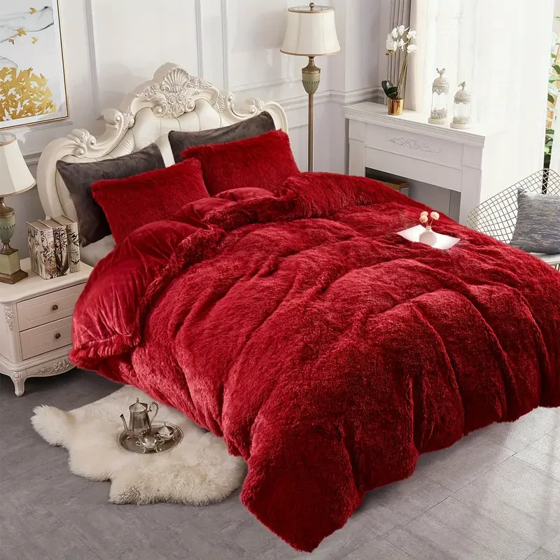 5-Piece Plush Shaggy Duvet Cover Set - Soft Breathable Faux Fur Fluffy Bedding with Zipper Closure, Machine Washable, and Solid Color Design - Queen Size (90x90In, 229x229cm) with 2 Pillow Shams and 2