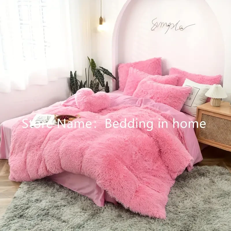 3pcs Luxurious Pink Faux Fur Duvet Cover Set With Crystal Velvet, Soft And Fluffy Boho Bedding With 1 Duvet Cover And 2 Pillow Shams, Available In Twin (66x90"), Queen (90x90"), And King (104x90") Siz