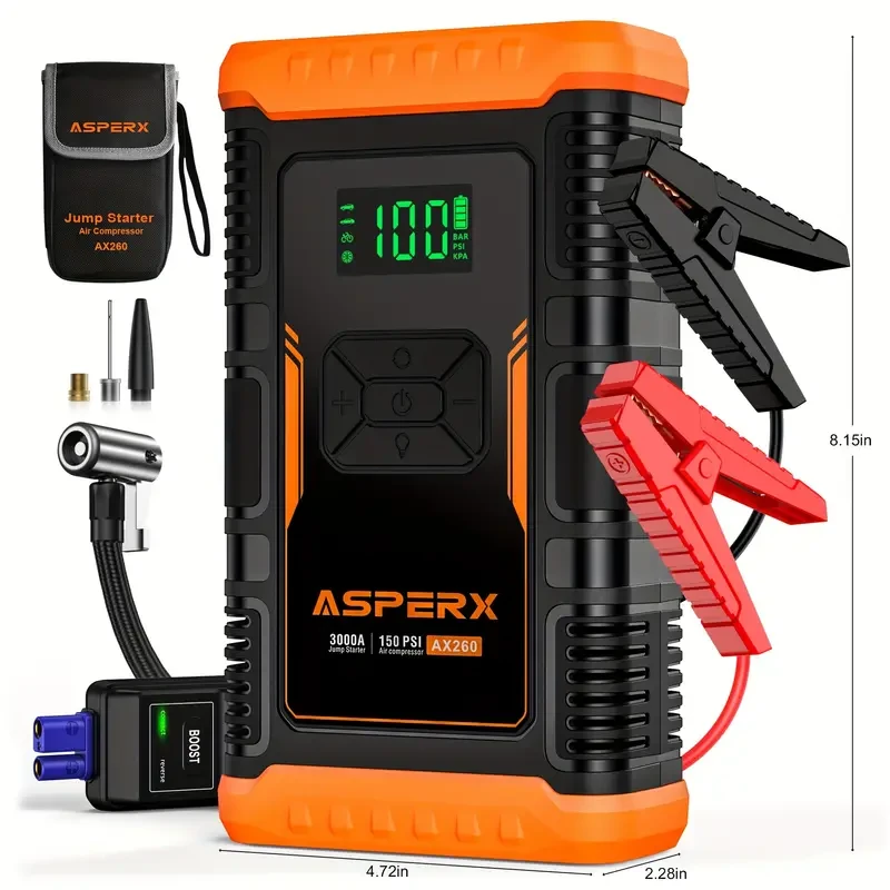 AsperX Jump Starter With Air Compressor, 3000A Battery Starter With Fast Charging (Up To 2.64gal Gas/2.11gal Diesel Engines), 12V Battery Jump Starter With 3.4 In LCD Display, Battery Booster With LED