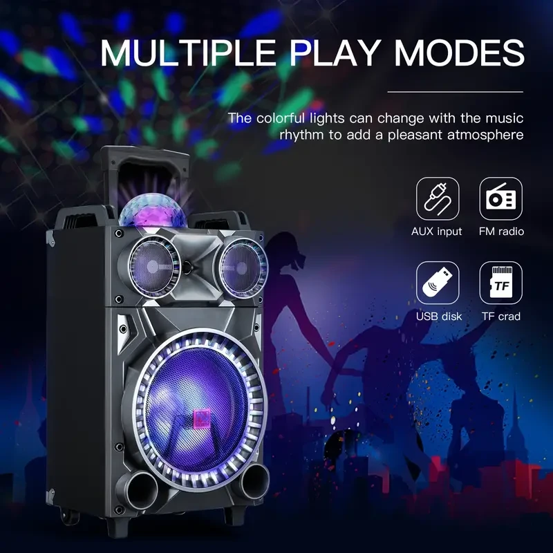 12 Inch Portable Party Speaker System, Karaoke Machine With Wired Microphone, Remote Control, Flashing Light, FM Radio, Aux, Usb, TF Card, Telescopic Handle