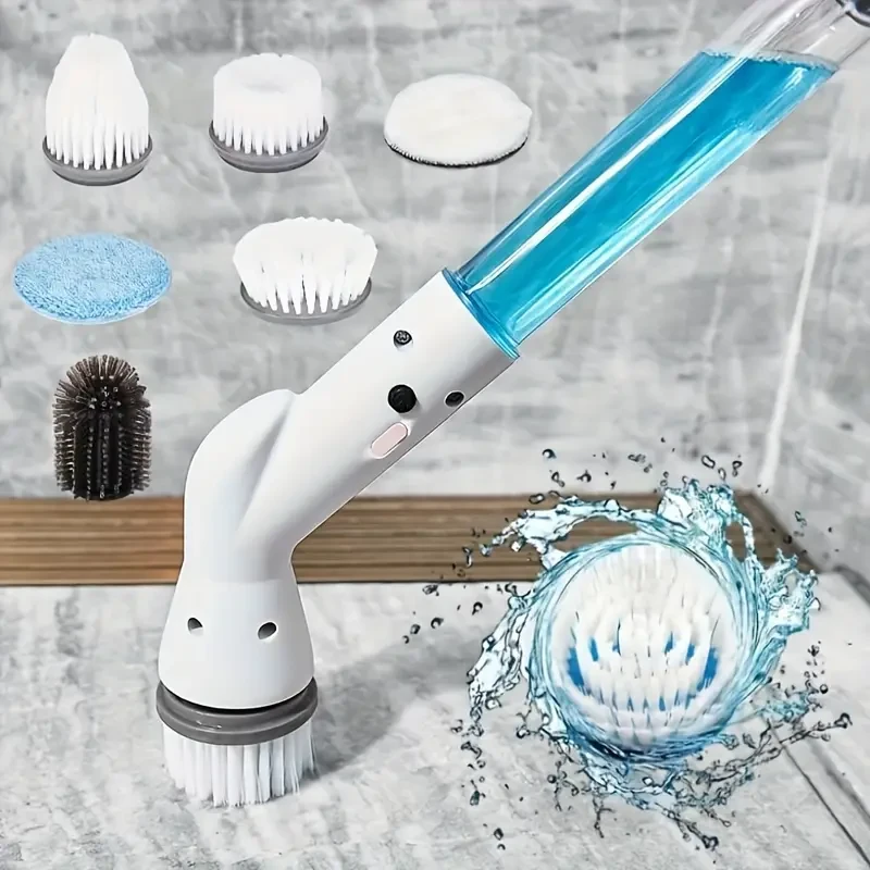 Electric Spin Scrubber With 6 Replaceable Brush Head, Power Cordless Bathroom Scrubber With Adjustable Long Handle, Rechargeable Shower Scrubber, Multifunctional Scrubber For Bathroom, Kitchen, Bathtu
