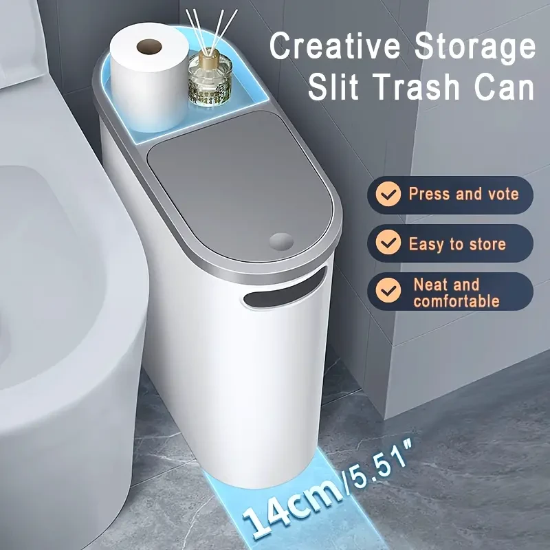 10L Large Capacity Quiet Close Rectangle Plastic Bathroom Trash Can - Space-Saving Design, Press Type Garbage Bin with Lid, Simple Paper Basket, Household Creative Gap Waste Bin, Home Essential for Cl