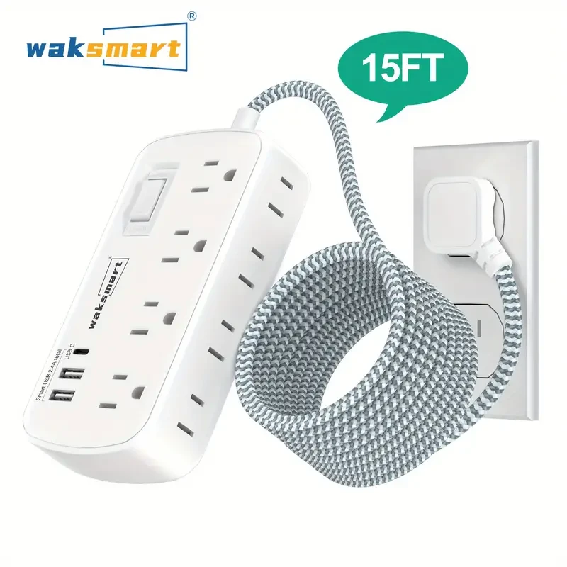 Waksmart 15FT Surge Protector Power Strip with 8 AC Outlets, 3 USB Ports (1 USB C), 1080 Joule Protection - Long Braided Cord, Wall-Mountable, 13A 1625W, ETL Listed - Ideal for Home, Office, College D