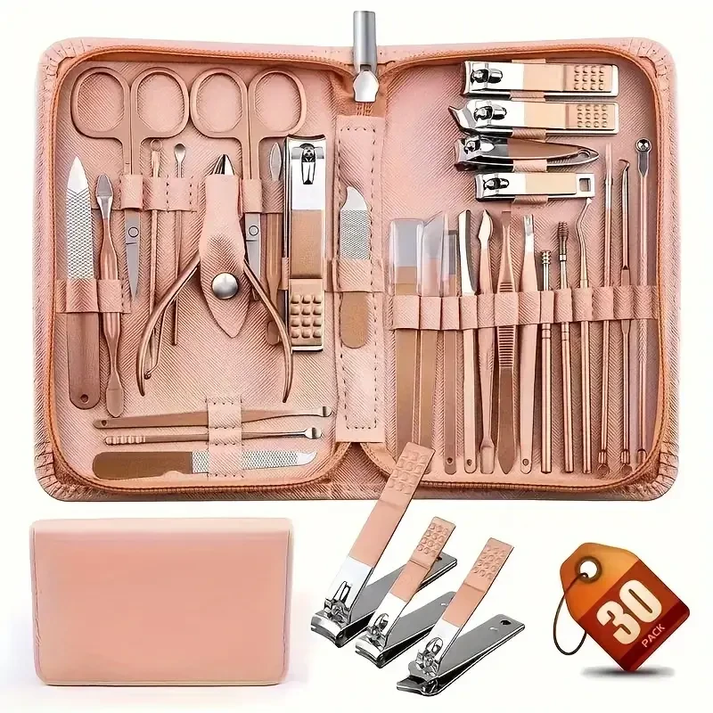 30pcs/set Nail Clippers Manicure Tool Set, With Portable Travel Case, Cuticle Nippers And Cutter Kit, Professional Nail Clippers Pedicure Kit, Grooming Kit For Travel