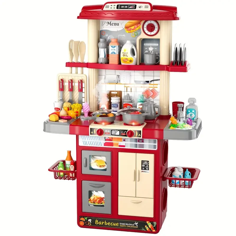 Kids Kitchen Playset, Toy Kitchen Sets Pretend Play Food Toys for Ages 3 4 5 6 7 8, Play Kitchen Playset with Light Sound Spray (Random Color Play Food)